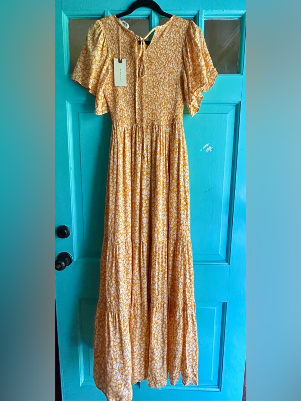 Boutique Golden Yellow Floral Maxi Dress with Flutter Sleeves - Picture 2 of 3